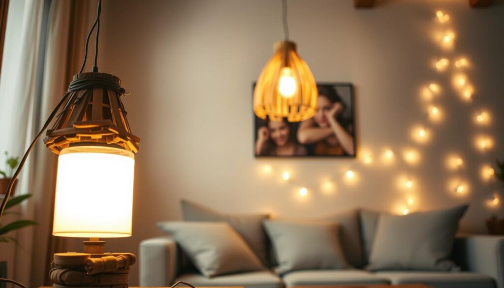 A cozy living room with a mix of DIY lighting solutions, creating a warm and inviting ambiance. In the foreground, a handcrafted table lamp made from repurposed materials, its soft glow illuminating the space. The middle ground features a hanging pendant light constructed from natural fibers, casting a gentle radiance. In the background, string lights adorn the walls, adding a touch of whimsy and a sense of coziness. The overall scene is bathed in a soft, golden light, with a focus on natural textures and materials to achieve a harmonious, rustic-chic aesthetic.