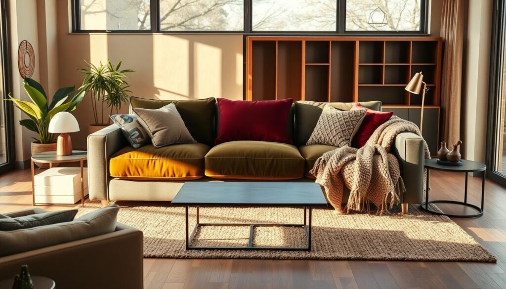 A cozy living room with a stylish, trendy couch as the focal point. The couch features a mix of bold and muted colors, such as deep burgundy, olive green, and soft gray, creating a harmonious and inviting palette. The couch is flanked by minimalist, contemporary side tables and accented with plush throw pillows and a cozy knitted blanket. The room is bathed in warm, natural lighting that filters in through large windows, casting a soft, inviting glow. The overall atmosphere is one of comfort, style, and relaxation, perfectly capturing the essence of a stunning living room couch idea.
