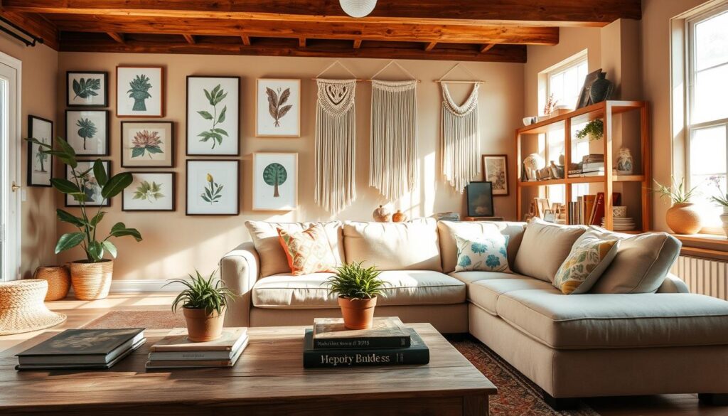 A cozy living room with natural light streaming through large windows, highlighting a mix of affordable, thrifted, and DIY home decor pieces. In the foreground, a rustic wood coffee table with a potted plant and a stack of vintage books. On the walls, a gallery of framed botanical prints and macrame wall hangings. In the middle ground, a plush, neutral-toned sectional sofa adorned with colorful throw pillows. The background features a warm, earthy color palette with wooden ceiling beams and a minimalist bookshelf displaying eclectic decorative items. The overall atmosphere is relaxed, inviting, and budget-friendly.