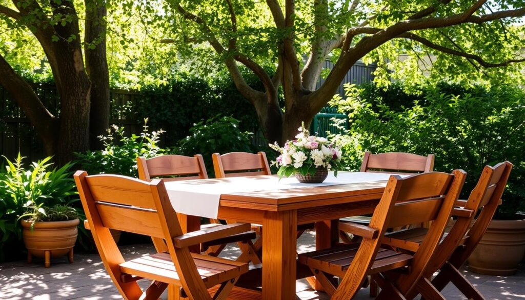 A cozy outdoor dining set, crafted from sturdy wood, sits amidst a lush, verdant garden. The table is adorned with a crisp, white tablecloth, complemented by a centerpiece of fragrant blooms. Rustic wooden chairs surround the table, their weathered surfaces hinting at the care and attention poured into their construction. Dappled sunlight filters through the canopy of nearby trees, casting a warm, inviting glow across the scene. The overall atmosphere is one of tranquility and elegance, inviting the viewer to imagine leisurely meals and memorable gatherings in this charming, self-made oasis.