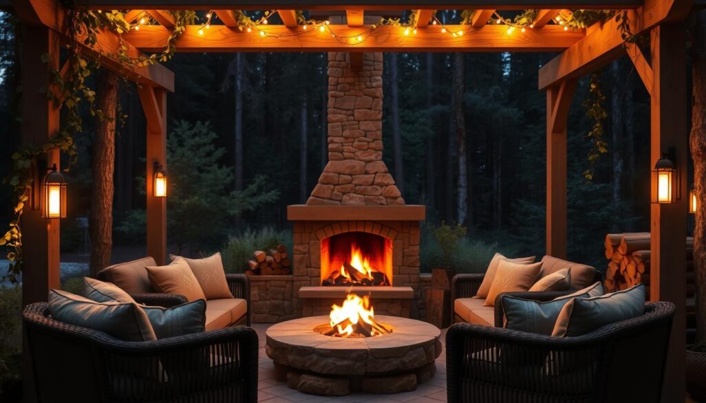 A cozy outdoor fireplace nestled amidst a lush, wooded landscape. The roaring fire casts a warm, flickering glow on the natural stone surround, inviting guests to gather and bask in its comforting heat. Plush, weathered seating arranged in a semicircle around the hearth, with soft, textured throws and pillows adding to the intimate, hygge-inspired ambiance. Overhead, a pergola with trailing vines and twinkling string lights creates a sense of enclosure, while still allowing the night sky to peek through. The scene is illuminated by the soft, golden light of wall-mounted sconces, blending seamlessly with the firelight. A well-stocked wood stack nearby suggests this is a space meant for long, tranquil evenings spent in the embrace of nature.