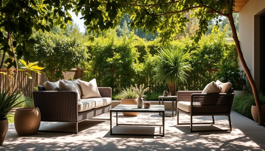 A cozy outdoor patio with a sleek, modular furniture set comprising a loveseat, armchair, and coffee table. The pieces are crafted from weather-resistant materials like rattan and powder-coated metal, finished in a neutral palette to blend seamlessly with the natural surroundings. Carefully positioned to maximize usable space, the furniture arrangement creates an intimate conversation area while maintaining an uncluttered, minimalist aesthetic. Dappled sunlight filters through the overhead foliage, casting a warm, inviting glow and casting soft shadows across the scene. In the background, a lush, verdant garden provides a tranquil, nature-inspired backdrop, evoking a sense of harmony and relaxation.