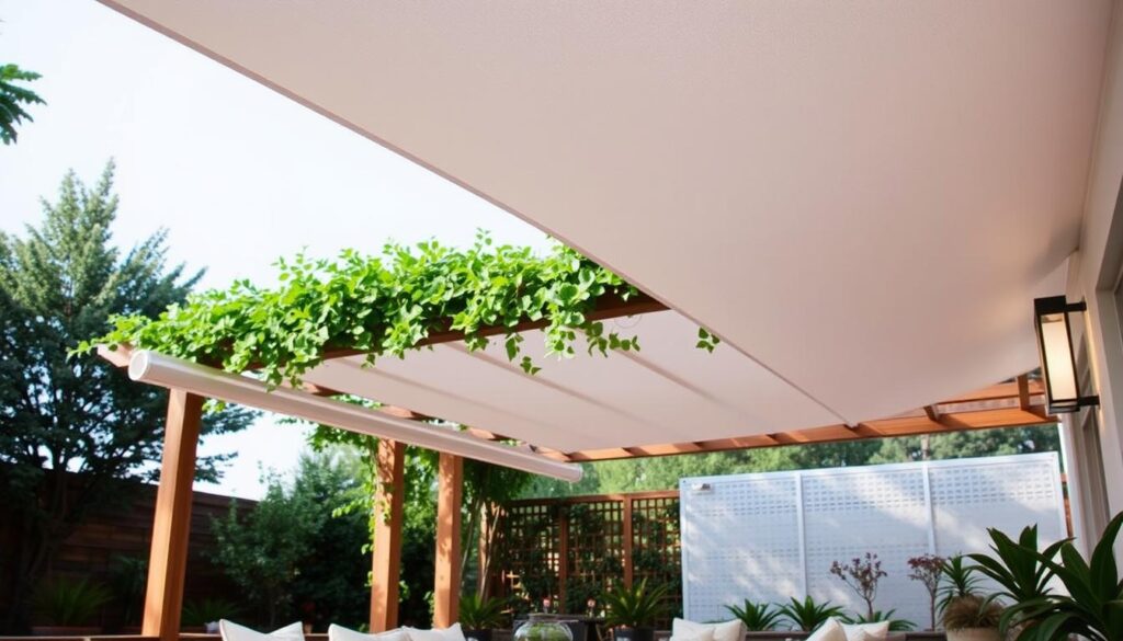 A cozy patio oasis with stylish shade solutions. In the foreground, a sleek retractable awning casts a gentle shadow over the seating area, its crisp white fabric contrasting beautifully with the warm wood accents. In the middle ground, a modern pergola with delicate latticed beams supports a lush canopy of verdant climbing vines, creating a sense of privacy and natural seclusion. The background features a mix of potted plants and trees, their lush foliage adding depth and texture to the scene. The overall lighting is soft and diffused, evoking a serene, summertime ambiance perfect for relaxation and entertaining.