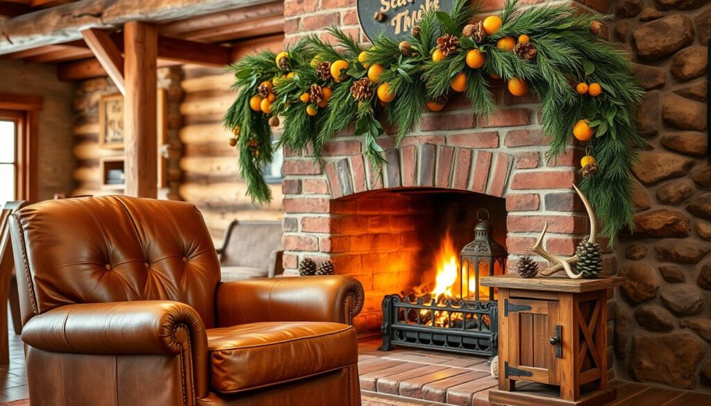 A cozy rustic fireplace adorned with natural elements. In the foreground, a well-worn leather armchair sits adjacent to the fireplace, its worn surface complimenting the aged brick mantle. Cascading garlands of pine, holly, and dried citrus fruit frame the fireplace, adding a touch of country charm. The middle ground features a weathered wooden side table displaying a collection of pinecones, antlers, and a glowing lantern. In the background, exposed wooden beams and a stone wall create a warm, cabin-like ambiance, illuminated by the flickering firelight and soft, golden lighting. The overall scene exudes a sense of comforting, down-to-earth elegance perfect for a charming country home.