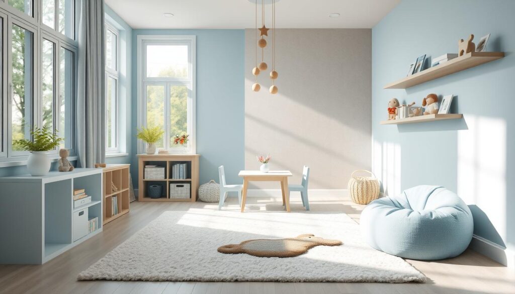 A cozy, soft-toned baby blue playroom, filled with plush textures and inviting furnishings. Natural light pours in through large windows, casting a gentle glow across the space. In the foreground, a playful rug in a whimsical cloud pattern grounds the room, surrounded by a low wooden bookshelf and a plush, oversized bean bag chair. In the middle ground, a small table and chairs in a matching baby blue hue sit beneath a mobile of floating wooden shapes. The background features a neutral-toned accent wall, complemented by floating wall shelves displaying a curated collection of toys and books. An overall sense of warmth, comfort, and imagination permeates the scene.