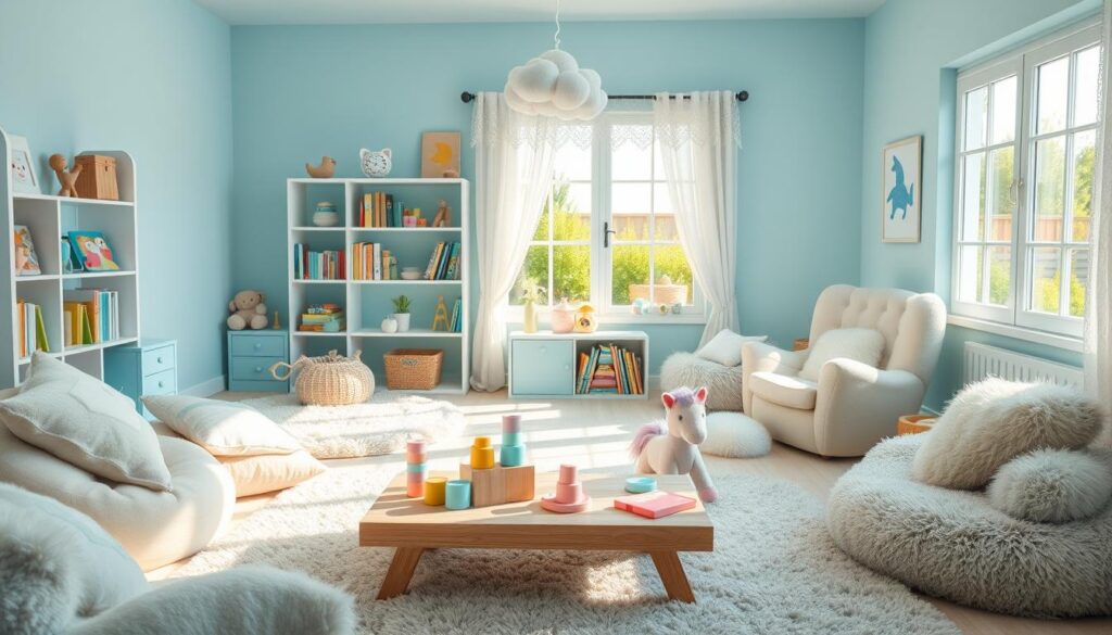 A cozy, sun-drenched baby blue playroom, filled with fluffy pillows, plush rugs, and whimsical decor. In the foreground, a low wooden table is adorned with a selection of pastel-hued blocks, stacking cups, and a plush unicorn toy. Surrounding the table, soft beanbags and a plush rocking chair invite little ones to play. The middle ground showcases a bookshelf brimming with colorful children's books, while a large window floods the space with warm, natural light. Delicate lace curtains frame the view, hinting at a peaceful garden outside. Overhead, a cloud-shaped mobile gently sways, casting dancing shadows across the room. The overall ambiance is one of calm, comfort, and joy - a perfect sanctuary for a growing baby.