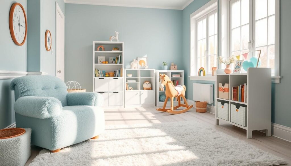 A cozy, sun-drenched baby blue playroom with plush, textured furniture. In the foreground, a comfy armchair and a soft, fluffy rug in shades of blue and white. In the middle ground, a wooden rocking horse and a pastel-colored bookshelf filled with children's books. The background features large windows that let in natural light, casting a warm glow throughout the space. The overall atmosphere is one of calm, tranquility, and whimsy, perfect for a little one's safe and nurturing haven.