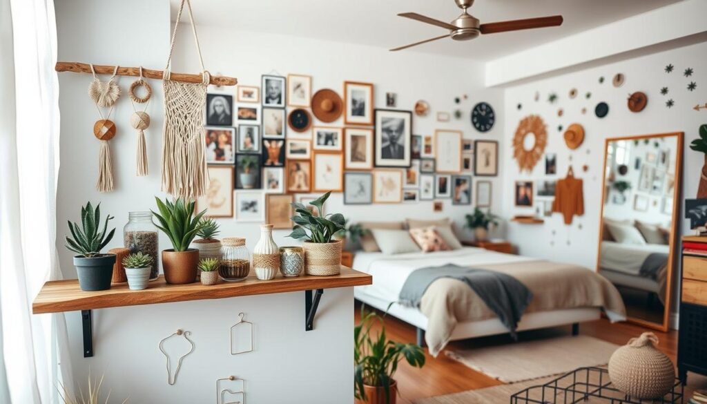 A cozy, well-lit DIY room with a variety of creative decor ideas. In the foreground, a rustic wooden shelf displays an array of handmade trinkets, plants, and hanging macrame wall hangings. In the middle ground, a large gallery wall showcases an eclectic mix of framed artwork, photographs, and DIY wall decals. The background features a minimalist bed frame with a plush duvet and a freestanding mirror that reflects the room's natural light. Overall, the space exudes a warm, inviting atmosphere with a mix of textures, colors, and personalized touches that inspire DIY home decor.