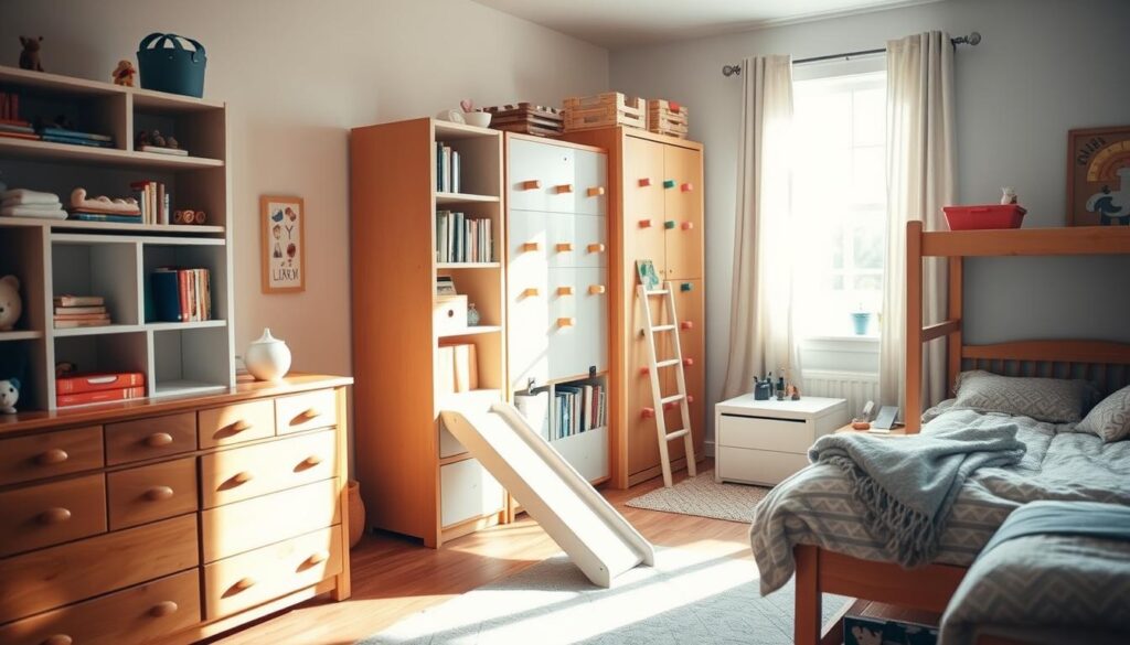 A cozy, well-lit children's bedroom with a variety of IKEA furniture pieces that have been cleverly transformed into unique and functional pieces. In the foreground, a repurposed IKEA dresser has been converted into a multi-leveled play station, complete with miniature shelves, cubbies, and a slide. In the middle ground, a bookshelf has been modified into a kid-friendly climbing wall, adorned with colorful handgrips. In the background, a KURA reversible bed frame has been outfitted with a secret hideaway underneath, accessed by a small ladder. The room is bathed in warm, natural lighting, creating a cheerful and inviting atmosphere, perfect for a child's imaginative playtime.