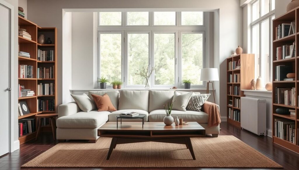 A cozy, well-lit living room with a small, L-shaped sofa in the foreground, nestled in a corner. The sofa is upholstered in a soft, neutral fabric, complemented by plush throw pillows. In the middle ground, a mid-century modern coffee table with clean lines and a wooden top. Framing the scene, bookshelves line the walls, filled with a curated collection of books and decorative objects. Soft, natural light filters in through large windows, creating a warm and inviting atmosphere. The overall composition emphasizes the efficient use of limited space, showcasing compact yet stylish furniture options for small living rooms.