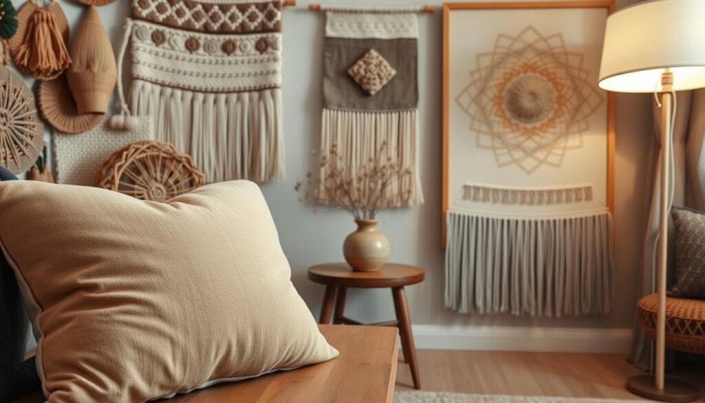A cozy, well-lit room filled with handmade textile accessories. In the foreground, a plush, tufted throw pillow in a soft, earthy tone rests on a wooden bench. In the middle ground, a woven wall hanging in muted colors and geometric patterns hangs above a small side table. On the table, a handcrafted ceramic vase holds dried floral stems. The background showcases a large, framed textile art piece, its intricate embroidery and textural details adding warmth and tactility to the space. Soft, diffused lighting from a floor lamp casts a gentle glow, creating a relaxing, inviting atmosphere.