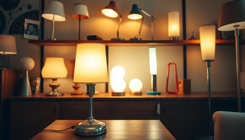 A cozy, well-lit room showcases a charming collection of retro lamps. In the foreground, a sleek, chrome-accented table lamp casts a warm, ambient glow. Behind it, a pair of mid-century style table lamps with rounded glass shades add a touch of vintage elegance. Along the shelves, an assortment of retro-inspired floor lamps in varying shapes and colors, from a tall, slender column lamp to a quirky, angled model, create a harmonious display. The overall atmosphere is one of nostalgic charm, with the lamps' soft, inviting illumination reflecting off the wooden furniture and creating a comfortable, inviting ambiance.