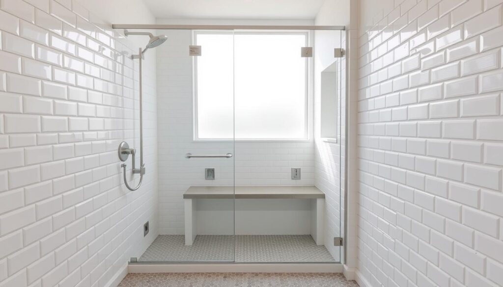 A cozy, well-lit walk-in shower with sleek, minimalist design. Clean, white subway tiles line the walls, accentuated by brushed nickel fixtures. The spacious, glass-enclosed shower stall features a built-in bench and recessed shelving for storage. Soft, natural lighting filters in through a large, frosted window, creating a spa-like ambiance. The floor is covered in small, hexagonal tiles in a neutral tone, adding texture and visual interest. The entire space feels open, airy, and efficiently designed to maximize the limited square footage.