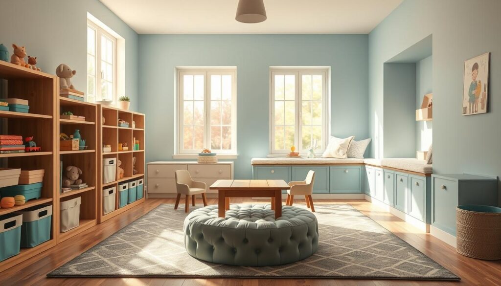 A cozy, well-organized baby blue playroom with warm natural lighting streaming through large windows. In the foreground, a wooden shelving unit filled with colorful toys, books, and storage baskets. Muted teal and cream accents complement the soft blue walls. In the middle ground, a plush, tufted rug in a playful geometric pattern, with a low wooden table and miniature armchairs surrounding it. In the background, a built-in window seat cushion in a complementary pastel hue, creating a cozy reading nook. Gentle shadows cast by the overhead lighting fixtures add depth and atmosphere to the inviting, age-appropriate space.