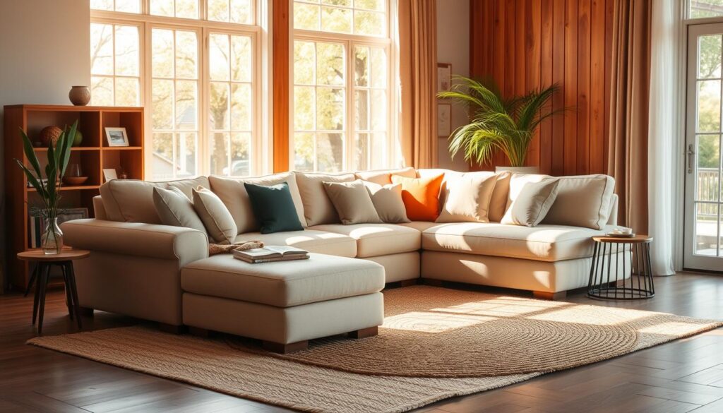A cozy yet stylish sectional sofa arranged in a bright, airy living room. The sofa features plush cushions in a neutral tone, inviting visitors to sink in and relax. Warm, natural lighting filters through large windows, casting a gentle glow on the scene. The sofa is positioned slightly off-center, creating an intimate conversation area. Accent pillows in complementary hues add pops of color, while a soft, woven rug grounds the space. The overall atmosphere is one of comfort and elegance, perfect for gathering with friends and family.