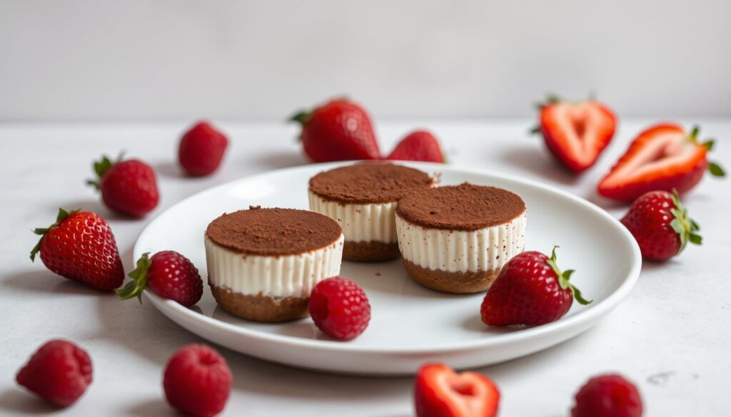 A delectable arrangement of keto-friendly cheesecake bites, set against a soft, neutral backdrop. In the foreground, three bite-sized treats sit atop a minimalist white plate, their creamy centers crowned with a dusting of cocoa powder. Surrounding them, fresh raspberries and sliced strawberries provide a vibrant, ruby-hued contrast. The lighting is soft and diffused, creating a warm, inviting atmosphere. The camera angle is slightly elevated, allowing the viewer to appreciate the decadent textures and vibrant colors of this guilt-free indulgence.