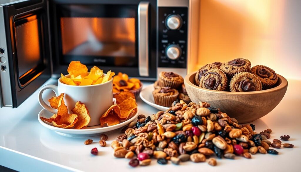 A delectable array of keto-friendly snacks resting on a pristine white countertop, bathed in warm, golden light. In the foreground, a freshly microwaved mug overflows with melted cheese, accompanied by crisp pork rinds. Alongside, a plate showcases bite-sized keto muffins, their crumbly texture and rich chocolate swirls tantalizingly presented. In the middle ground, an assortment of roasted nuts, seeds, and dried berries spill out from a rustic wooden bowl, while in the background, a sleek, modern microwave hums, ready to quickly satisfy any keto craving. The overall scene exudes a cozy, inviting atmosphere, perfect for a quick, nutritious snack that caters to a low-carb lifestyle.