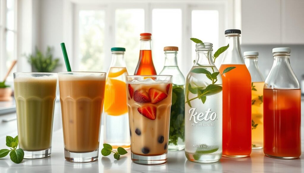 A delightful array of keto-friendly beverages set against a bright, airy backdrop. In the foreground, a selection of iced drinks - a frothy matcha latte, a creamy iced coffee with sugar-free syrup, and a refreshing strawberry-basil infused water. In the middle ground, a assortment of glass bottles filled with cold-pressed vegetable juices and herbal tonics. The background features a minimalist kitchen countertop, with natural light streaming in through large windows, casting a warm, inviting glow. The overall scene exudes a sense of health, indulgence and effortless sophistication - the perfect accompaniment to a keto snack break.