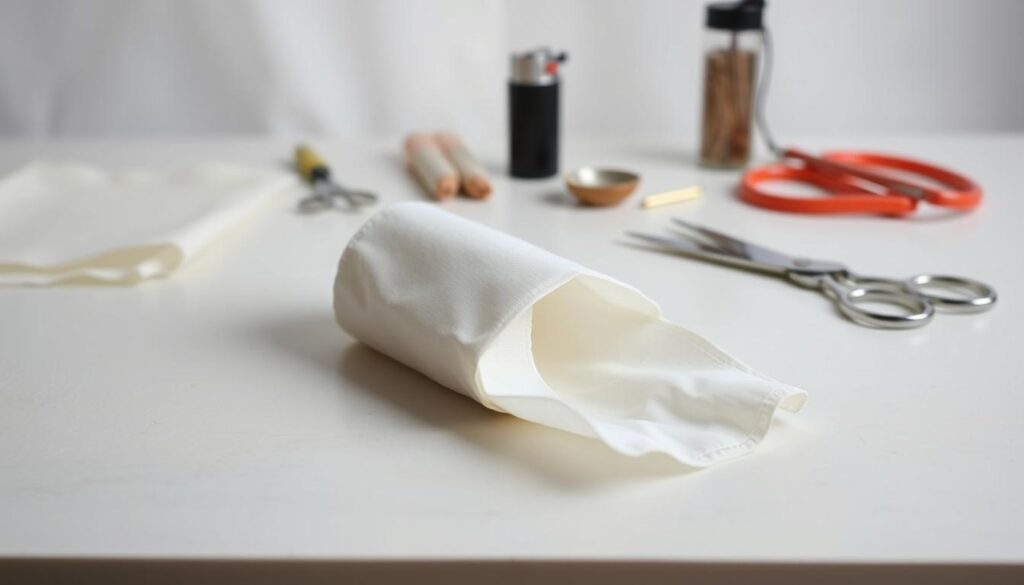 A detailed, well-lit image of a wax sheet and napkin candle making technique. The foreground shows a flat surface with a white cloth napkin carefully folded and tucked into a wax sheet, creating a candle-like form. The middle ground captures the process, with a pair of scissors, a lighter, and other candle-making tools arranged neatly. The background features a soft, diffused lighting, emphasizing the textures and colors of the materials. The overall mood is one of a serene, DIY-inspired setting, suitable for illustrating a step-by-step candle decorating tutorial.