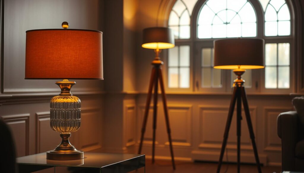 A dimly lit room with classic decorative lamps casting a warm, amber glow. In the foreground, a pair of ornate table lamps with fluted glass shades and brushed metal bases sit atop a sleek, modern side table. The middle ground features a floor lamp with a vintage-inspired tripod base and a tapered shade, complementing the décor. In the background, a grand, arched window lets in soft, natural light, creating a cozy, inviting atmosphere. The overall scene effortlessly blends timeless elegance with contemporary design elements.