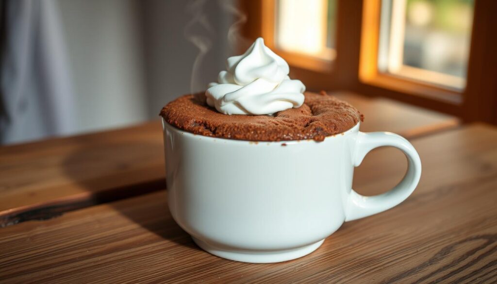 A freshly baked keto mug cake, steaming hot, sits atop a wooden table. The cake, made with almond flour, erythritol, and cocoa powder, has a rich, fudgy texture, perfect for a low-carb indulgence. A dollop of creamy, sugar-free whipped cream sits on top, adding a decadent touch. Soft, natural lighting from a window gently illuminates the scene, casting warm shadows and highlighting the cake's enticing aroma. The image is captured with a macro lens, drawing the viewer's attention to the mouthwatering details of this 5-minute microwave miracle, a delectable keto dessert that will satisfy any sweet tooth.