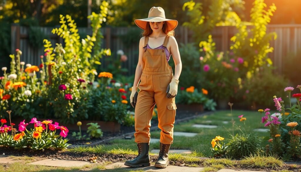 A full-length gardening outfit stands in a sunny backyard, featuring a wide-brimmed hat, durable overalls, sturdy boots, and gardening gloves. The outfit is practical yet stylish, allowing for ease of movement and protection from the elements. In the background, a well-maintained garden filled with vibrant flowers and lush greenery sets the scene, creating a serene and productive atmosphere. The lighting is warm and natural, casting a gentle glow over the entire composition. The camera angle captures the outfit from a slightly elevated perspective, emphasizing its functional yet fashionable design.
