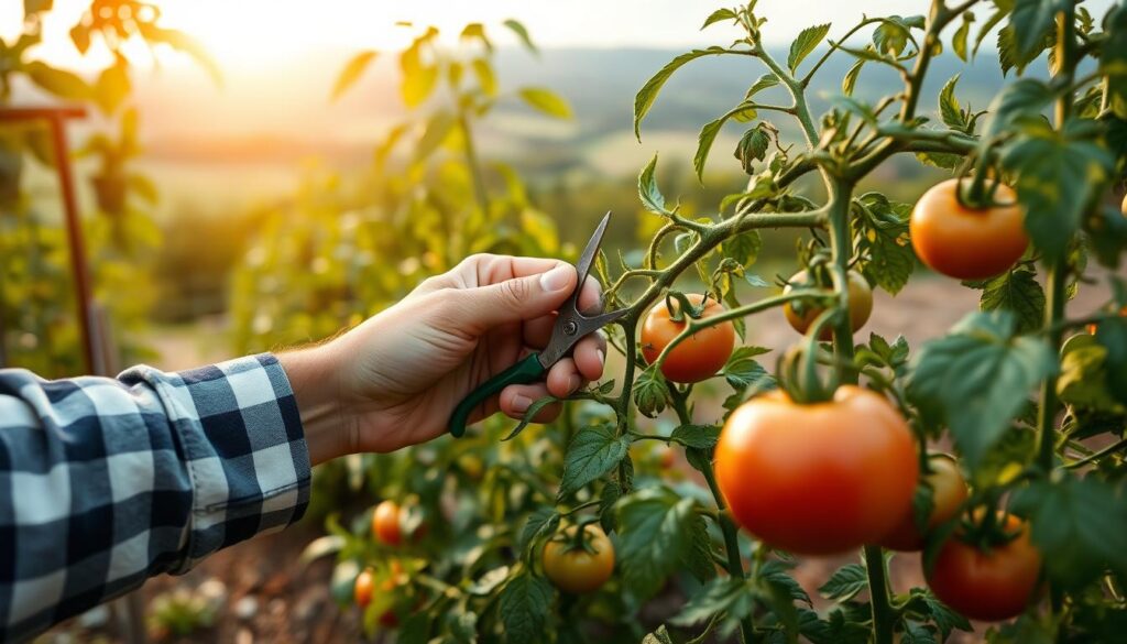 A gardener carefully pruning tomato plants in a lush outdoor garden. The foreground features the gardener's hands skillfully trimming the stems and leaves, showcasing their expertise. The middle ground depicts the thriving tomato plants, their green foliage and plump fruit creating a vibrant scene. The background is a scenic landscape with a warm, golden light filtering through the leaves, casting a natural, earthy atmosphere. The composition emphasizes the delicate, precise nature of pruning, highlighting the importance of this technique for maximizing tomato yields.