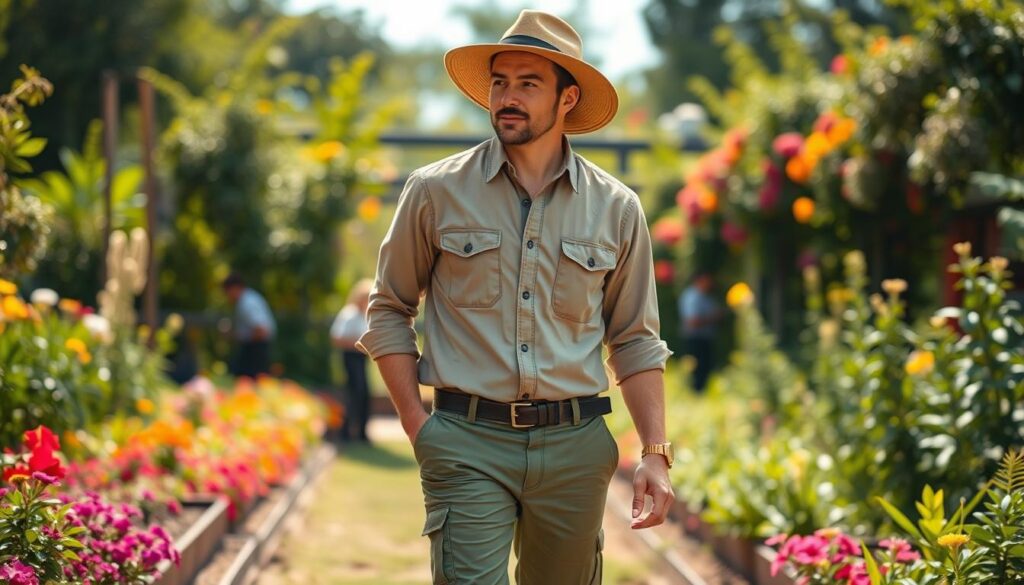 A gardener strolling through a lush, sun-dappled garden, wearing a stylish, budget-friendly outfit. In the foreground, a pair of durable, olive-green cargo pants with multiple pockets for tools and supplies. The middle ground features a lightweight, breathable button-down shirt in a neutral, earthy tone, rolled up at the sleeves. Complementing the look, a wide-brimmed, sun-protecting hat casts a gentle shadow over the model's face. In the background, a vibrant garden bursting with colorful blooms and verdant foliage. Soft, warm lighting illuminates the scene, creating a serene, productive atmosphere.