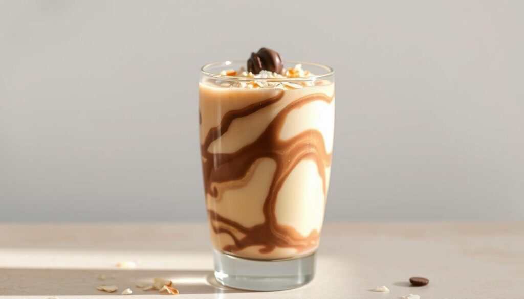 A glass filled with a thick, creamy keto protein shake, swirling with rich chocolate and vanilla hues. The shake is garnished with a sprinkling of toasted coconut flakes and a single dark chocolate-covered espresso bean, adding a touch of crunch and a hint of indulgence. Soft, natural lighting casts a warm glow, highlighting the shake's luxurious texture. The glass is set against a minimalist, neutral-toned background, allowing the vibrant shake to take center stage. The overall composition conveys a sense of nourishment, energy, and guilt-free indulgence.