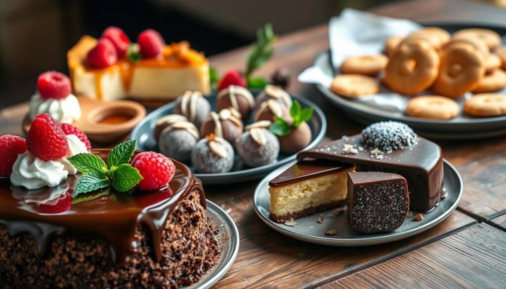 A holiday-worthy display of delectable keto-friendly desserts, artfully arranged on a rustic wooden table. In the foreground, a rich chocolate cake with a glossy ganache topping, garnished with fresh raspberries and mint leaves. Beside it, a creamy cheesecake with a golden crust, drizzled with a sugar-free caramel sauce. In the middle, a platter of bite-sized keto truffles, dusted in cocoa powder and adorned with chopped toasted almonds. In the background, a tray of glistening keto-friendly cookies, their buttery shortbread texture accentuated by a light sprinkling of powdered erythritol. Soft, warm lighting illuminates the scene, casting a cozy, inviting atmosphere, as if these decadent treats were freshly prepared for a special holiday gathering.