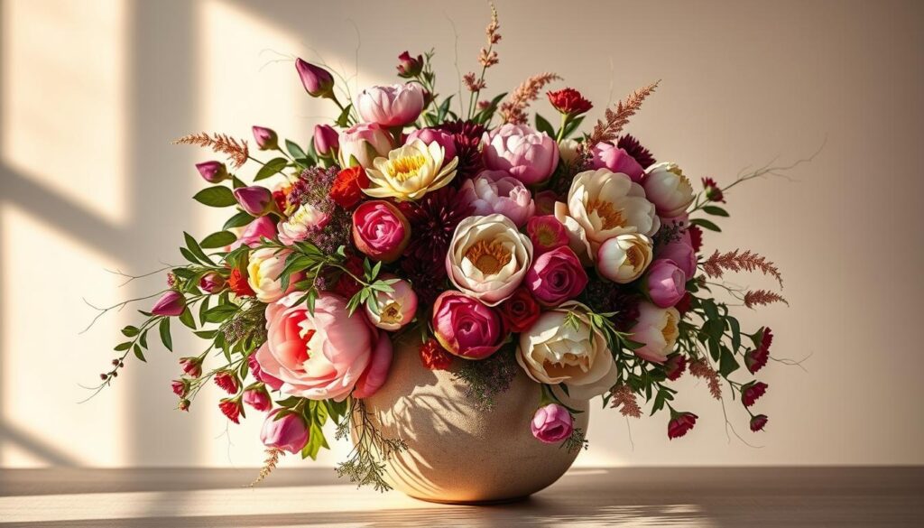 A luminous, modern floral arrangement featuring a vibrant array of blooms in striking hues. The centerpiece is a cascade of lush, textured flowers such as peonies, garden roses, and proteas, gracefully spilling over the edges of a minimalist ceramic vase. The arrangement is complemented by delicate, wispy foliage in shades of green and burgundy. Soft, directional lighting casts a warm, ethereal glow, accentuating the natural beauty and artful composition. The overall mood is one of effortless elegance and contemporary creativity, reflecting the latest trends in innovative floral design.