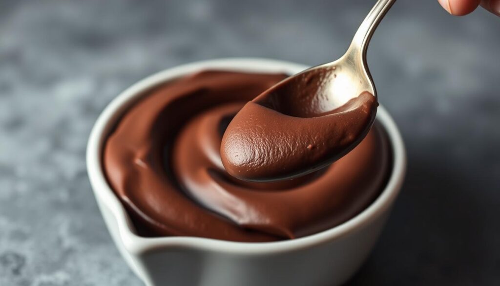A luscious chocolate avocado mousse, silky and smooth, set against a muted backdrop. The dessert takes center stage, nestled in a sleek, minimalist white dish. Soft, indirect lighting casts a warm, inviting glow, highlighting the rich, velvety texture of the mousse. In the foreground, a spoon dips into the treat, the dark chocolate contrasting beautifully with the creamy green of the avocado. The overall scene conveys a sense of indulgence and satisfaction, perfect for a guilt-free keto dessert.