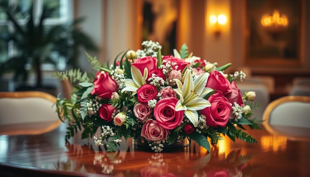 A lush, artfully arranged floral centerpiece resting atop a glossy wooden table, illuminated by warm, golden lighting. In the foreground, a captivating bouquet of vibrant, velvety roses, cascading lilies, and delicate baby's breath. The middle ground features sculptural, textured foliage like eucalyptus and ferns, creating depth and visual interest. The background has a softly blurred, elegant interior setting, hinting at a special occasion. The overall composition is balanced, harmonious, and evokes a sense of refined, sophisticated elegance.
