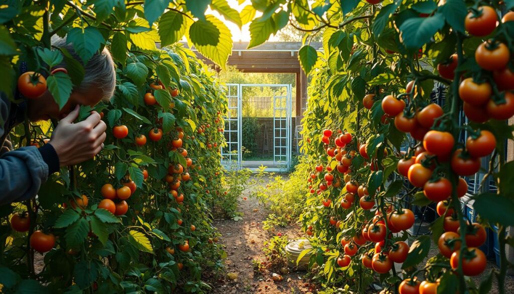 A lush backyard garden overflowing with vibrant, ripe tomato plants. The foreground features a gardener inspecting the leaves, searching for signs of trouble - yellowing, wilting or pests. In the middle ground, neatly staked tomato vines laden with juicy fruits in varying stages of ripeness. The background showcases a neatly organized tool shed, with trellises, pruning shears and other gardening essentials. Warm, golden afternoon sunlight filters through the leaves, casting a gentle glow over the scene. The overall atmosphere conveys a sense of peaceful productivity and the joy of home-grown bounty.
