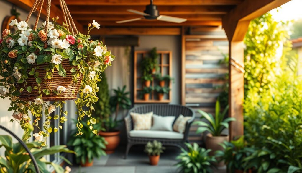 A lush, biophilic patio design featuring a harmonious blend of natural elements. In the foreground, an ornate hanging basket overflows with cascading vines and blooming flowers, casting a warm, soft light across the scene. In the middle ground, a modern wicker loveseat nestled amongst potted plants and a wood-framed vertical garden, creating an intimate, serene atmosphere. The background showcases a living green wall, lush with verdant foliage, complemented by the natural texture of weathered wood accents. The entire composition evokes a sense of tranquility and a seamless integration of indoor and outdoor living, embodying the essence of trending stylish patio design for 2023.