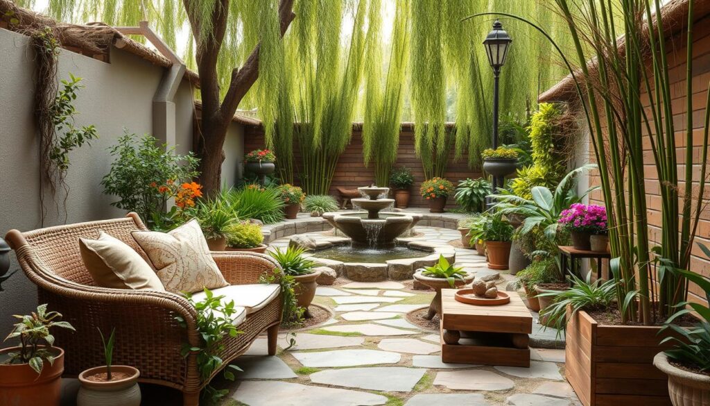 A lush, bohemian-inspired garden oasis with earthy tones and natural textures. In the foreground, a cozy seating area with a woven rattan loveseat and plush pillows, surrounded by potted plants, trailing vines, and a rustic wooden planter box. The middle ground features a meandering stone path leading to a whimsical water feature with a cascading fountain, flanked by towering bamboo stalks and vibrant floral arrangements. In the background, a dreamy canopy of willow trees casts a soft, dappled light, creating an enchanting atmosphere. The overall scene exudes a sense of relaxed, laid-back charm and a deep connection to nature.