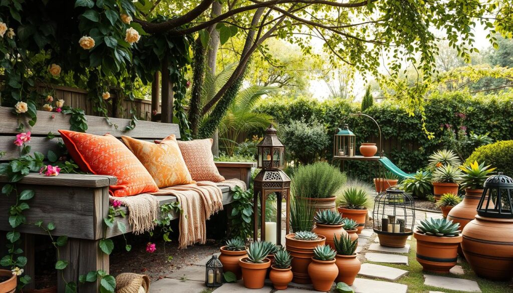 A lush, bohemian-inspired garden scene featuring a cozy seating arrangement. In the foreground, a rustic, weathered wooden bench is adorned with plush, vibrant pillows and a soft, woven blanket, inviting visitors to relax and unwind. Trailing vines and flowering plants spill over the edges, creating a dreamy, overgrown atmosphere. The middle ground showcases a mix of potted succulents, terracotta pots, and decorative lanterns, adding pops of color and texture. In the background, a verdant canopy of trees and shrubs frames the scene, casting warm, dappled light and a sense of tranquility. The overall aesthetic evokes a romantic, carefree spirit, perfect for embracing the bohemian charm of this outdoor oasis.