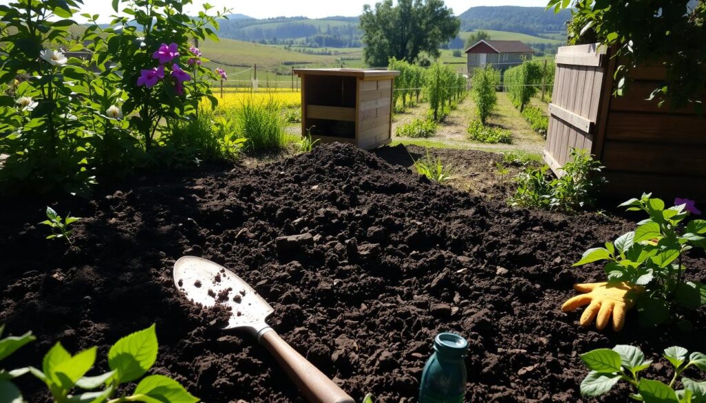A lush garden scene, sunlight filtering through verdant foliage. In the foreground, a neatly tilled plot, its dark, crumbly soil glistening with moisture. Freshly applied compost covers the surface, its rich, earthy aroma mingling with the scent of blooming flowers. Gardening tools, a trowel, and a pair of well-worn gloves rest nearby, testament to the care and attention given to this thriving oasis. In the middle ground, a wooden compost bin, its contents transformed into a nutrient-dense soil amendment, ready to nourish the surrounding plants. The background features a charming rural landscape, rolling hills dotted with fruit trees and a distant barn, creating a serene, bucolic atmosphere.