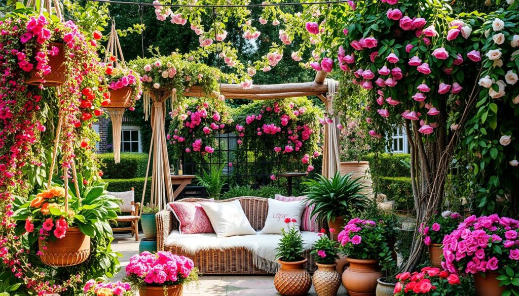 A lush, overgrown bohemian garden with vibrant floral arrangements, trailing vines, and rustic DIY elements. In the foreground, handcrafted planters and hanging baskets overflow with cascading blooms. The middle ground showcases a cozy seating area adorned with plush pillows and macrame accents. In the background, a whimsical trellis supports a riot of climbing roses and jasmine, casting soft, dappled light across the scene. The overall atmosphere is one of effortless, organic charm, where nature and DIY coexist in harmonious beauty.