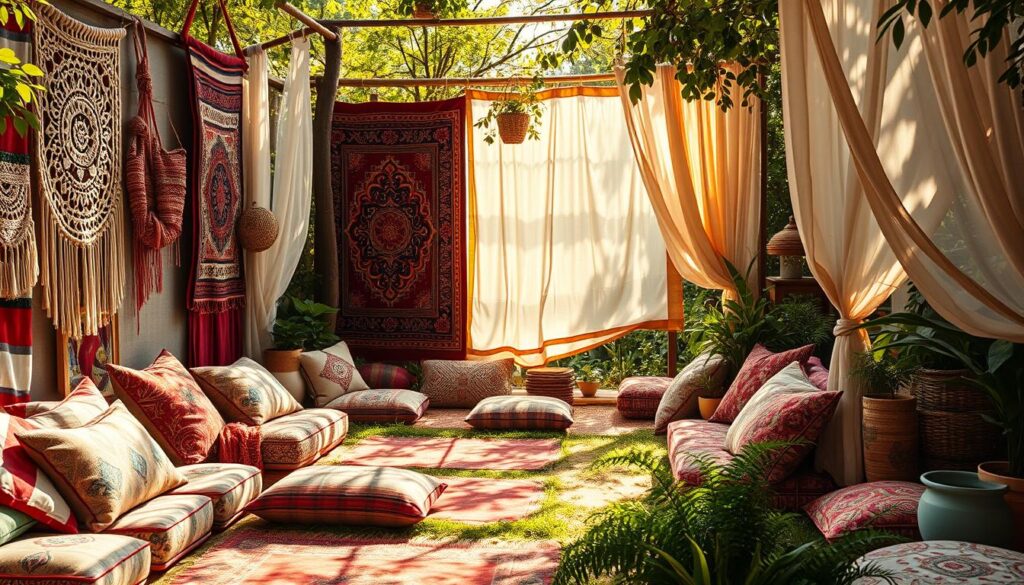 A lush, sun-dappled Bohemian garden, overflowing with vibrant textiles and fabrics. In the foreground, a colorful array of patterned floor cushions, woven rugs, and macrame wall hangings create a cozy, inviting atmosphere. The middle ground features ornate, intricately detailed tapestries draped from wooden trellises, their rich hues and intricate designs commanding attention. In the background, sheer, billowing curtains frame the scene, their delicate movements adding a sense of movement and airiness. Warm, golden lighting filters through the garden foliage, casting a soft, romantic glow on the textiles and fabrics. The overall impression is one of bohemian elegance and a harmonious blend of nature and vibrant, handcrafted textiles.