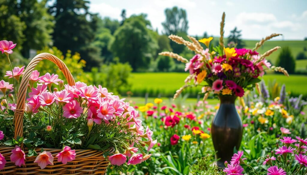 A lush, sun-dappled garden filled with vibrant, organically-grown blooms in shades of pink, purple, and yellow. In the foreground, a woven basket overflows with freshly cut flowers, their delicate petals gently swaying. In the middle ground, a graceful vase made from sustainable materials holds an artfully arranged bouquet, its colors and textures in harmony. In the background, a verdant landscape with towering trees and a cloudless blue sky, conveying a sense of tranquility and environmental stewardship. Soft, diffused lighting casts a warm glow over the scene, highlighting the natural beauty of the floral elements. The overall impression is one of eco-conscious, aesthetically-pleasing floral design that celebrates the bounty of nature.