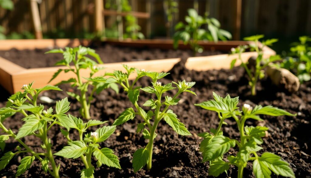 A lush, sun-dappled outdoor garden scene. In the foreground, several tomato seedlings are carefully arranged, their tender leaves and stems hardening off in the gentle breeze. The seedlings are in various stages of growth, some with vibrant green foliage, others developing their first clusters of tiny white flowers. The middle ground features a well-tended raised garden bed, its soil dark and rich, ready to receive the transplanted seedlings. In the background, a wooden fence or trellis provides a natural backdrop, casting soft shadows across the scene. The lighting is warm and natural, capturing the essence of a spring day, with the promise of bountiful tomato harvests to come.