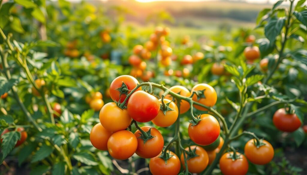 A lush, sun-drenched garden showcasing an array of thriving tomato plants in various sizes and shapes. In the foreground, clusters of ripe, vibrant tomatoes in hues of red, yellow, and orange, their skin glistening with morning dew. The middle ground features a mix of different tomato varieties, each with its own distinct leaf patterns and growth habits, creating a harmonious composition. In the background, a soft, blurred landscape of verdant foliage and a warm, golden sky, evoking a sense of tranquility and abundance. The lighting is natural and directional, casting gentle shadows and highlights that accentuate the textural details of the plants. The overall scene conveys the beauty, diversity, and potential of the best tomato varieties for thriving home gardens.