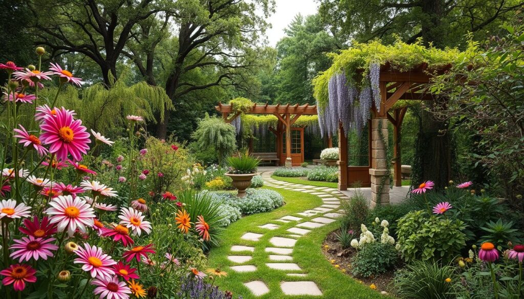 A lush, sustainable bohemian garden with a harmonious blend of wild florals, verdant foliage, and natural materials. In the foreground, a vibrant tapestry of blooming perennials like dahlias, peonies, and cosmos sway gently in the soft breeze. The middle ground features a winding stone path flanked by cascading vines and trailing ivy, leading the eye towards a charming rustic pergola draped in wisteria. In the background, a verdant canopy of mature trees casts a dappled light over the scene, creating a serene and inviting atmosphere. The overall mood is one of effortless elegance and a deep connection to the natural world.