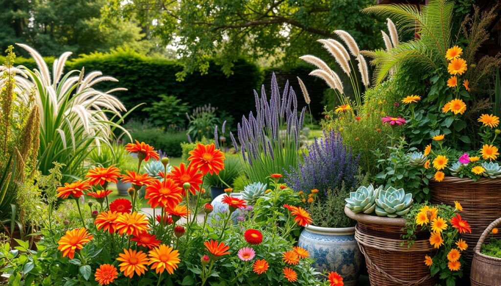 A lush, vibrant bohemian garden showcasing a captivating selection of plants. In the foreground, a cluster of colorful flowers including dahlias, marigolds, and cosmos in warm hues of red, orange, and yellow. Trailing vines and cascading foliage spill over rustic planters and woven baskets. The middle ground features a mix of tall, swaying grasses, fragrant herbs like lavender and rosemary, and sculptural succulents. In the background, a verdant canopy of trees and shrubs creates a serene, sheltered atmosphere. Soft, diffused lighting filters through the garden, casting a gentle, golden glow and accentuating the organic textures and rich colors. The entire scene exudes a sense of bohemian charm, inviting the viewer to pause and immerse themselves in the natural beauty.