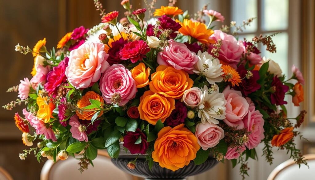 A lush, vibrant floral centerpiece with an abundance of fresh, blooming flowers in a variety of warm, jewel-toned hues. Meticulously arranged in a classic, ornate vase or vessel, the centerpiece is bathed in soft, diffused natural lighting that accentuates the delicate petals and lush greenery. The composition features a mix of large, statement flowers like peonies, dahlias, and garden roses, complemented by sprays of smaller blooms and wispy foliage. The overall effect is one of luxurious, effortless elegance, evoking a sense of refined beauty and timeless sophistication.