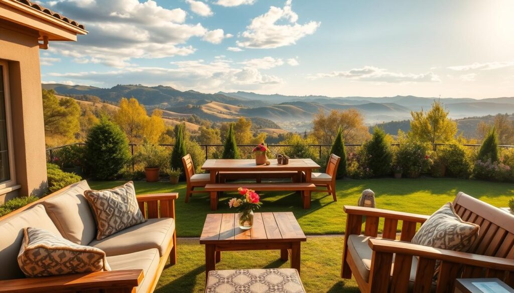 A lush, well-manicured outdoor patio featuring a stylish arrangement of handcrafted wooden furniture. In the foreground, a cozy loveseat and armchair are adorned with plush, patterned cushions. A rustic wooden coffee table sits between them, topped with a simple vase of fresh-cut flowers. In the middle ground, a wooden dining set with a long table and matching benches is surrounded by potted greenery and small decorative accents. The background showcases a stunning natural landscape, with rolling hills and a cloudless blue sky illuminated by warm, golden sunlight filtering through the trees. The overall scene exudes a sense of tranquility, comfort, and effortless style.