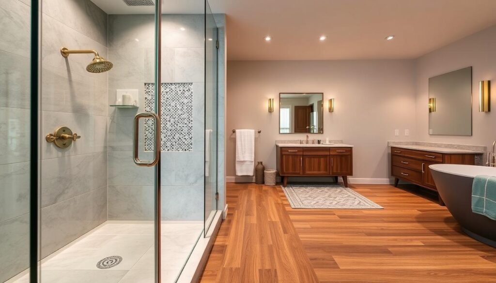A luxurious and well-curated walk-in shower remodel showcasing an elegant selection of high-quality materials. In the foreground, sleek and modern glass panels with a polished chrome frame define the shower enclosure, casting a warm glow from discreet LED lighting. The middle ground features a range of premium tiles - large-format natural stone in a neutral palette, complemented by intricate mosaic accents in a subtle pattern. Underfoot, a smooth and water-resistant engineered hardwood floor adds a touch of rustic charm. In the background, a minimalist vanity in a rich wood grain finish, paired with a deep soaking tub and accents of brushed brass hardware, create an cohesive, spa-like ambiance.