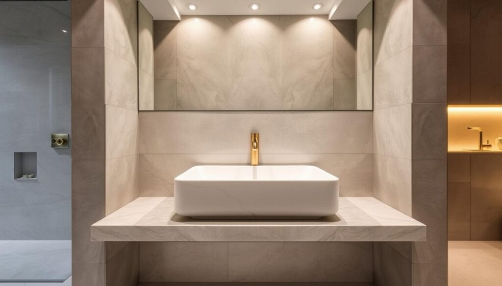 A luxurious bathroom interior with an elegant, modern sink design. The sink features a sleek, rectangular basin made of polished white marble, complemented by a minimalist metal faucet in a brushed gold finish. The sink is set against a backdrop of smooth, grey stone tiles that extend from the floor to the walls, creating a serene and sophisticated ambiance. Soft, warm lighting from recessed ceiling fixtures illuminates the space, casting a gentle glow on the high-end fixtures. The overall scene conveys a sense of refined style and opulence, perfectly suited for the "Materials That Make a Bold Statement" section of the article.