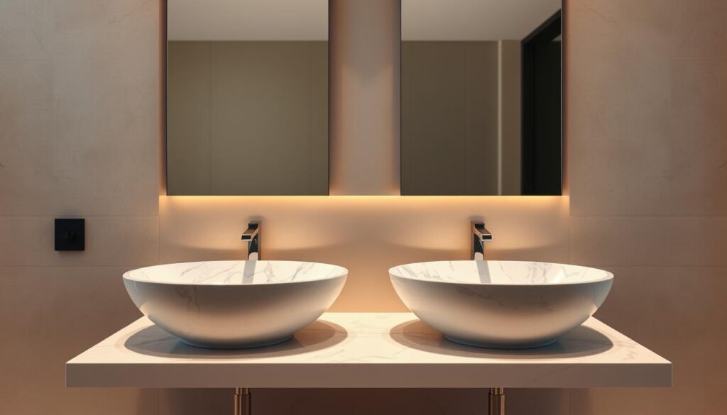 A luxurious bathroom setting with a pair of statement sinks taking center stage. The sinks are crafted from high-quality materials such as marble, granite, or porcelain, showcasing a distinctive design that commands attention. The sinks are positioned on a sleek, floating vanity, surrounded by warm, indirect lighting that casts a soft, ambient glow. The background features a neutral, tiled wall with subtle textures, complementing the minimalist elegance of the sinks. The overall atmosphere is one of sophistication and tranquility, inviting the viewer to imagine the serene experience of using these remarkable bathroom fixtures.